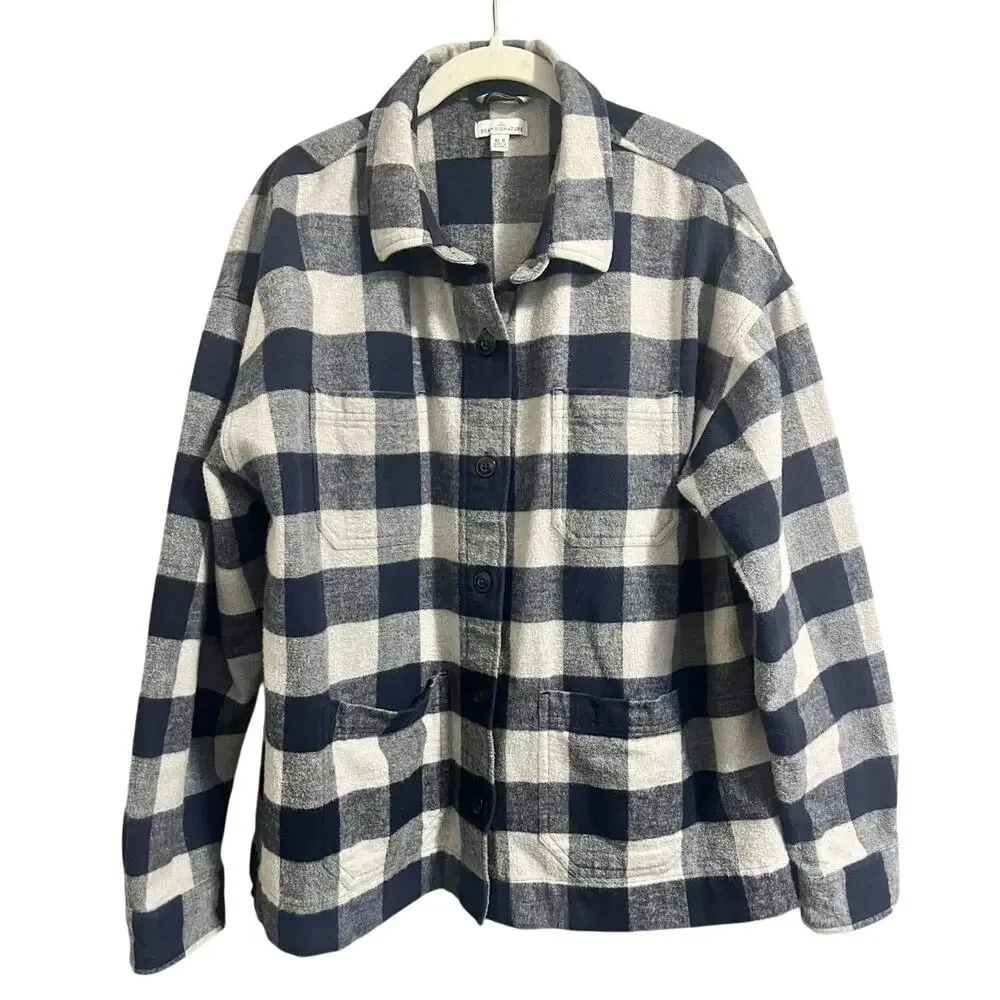 L.L. Bean Signature Chamois Shirt-Jacket Shacket Navy White Plaid Womens L